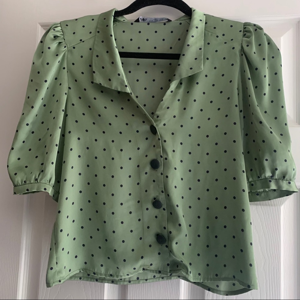 Satin green polka dot button up shirt